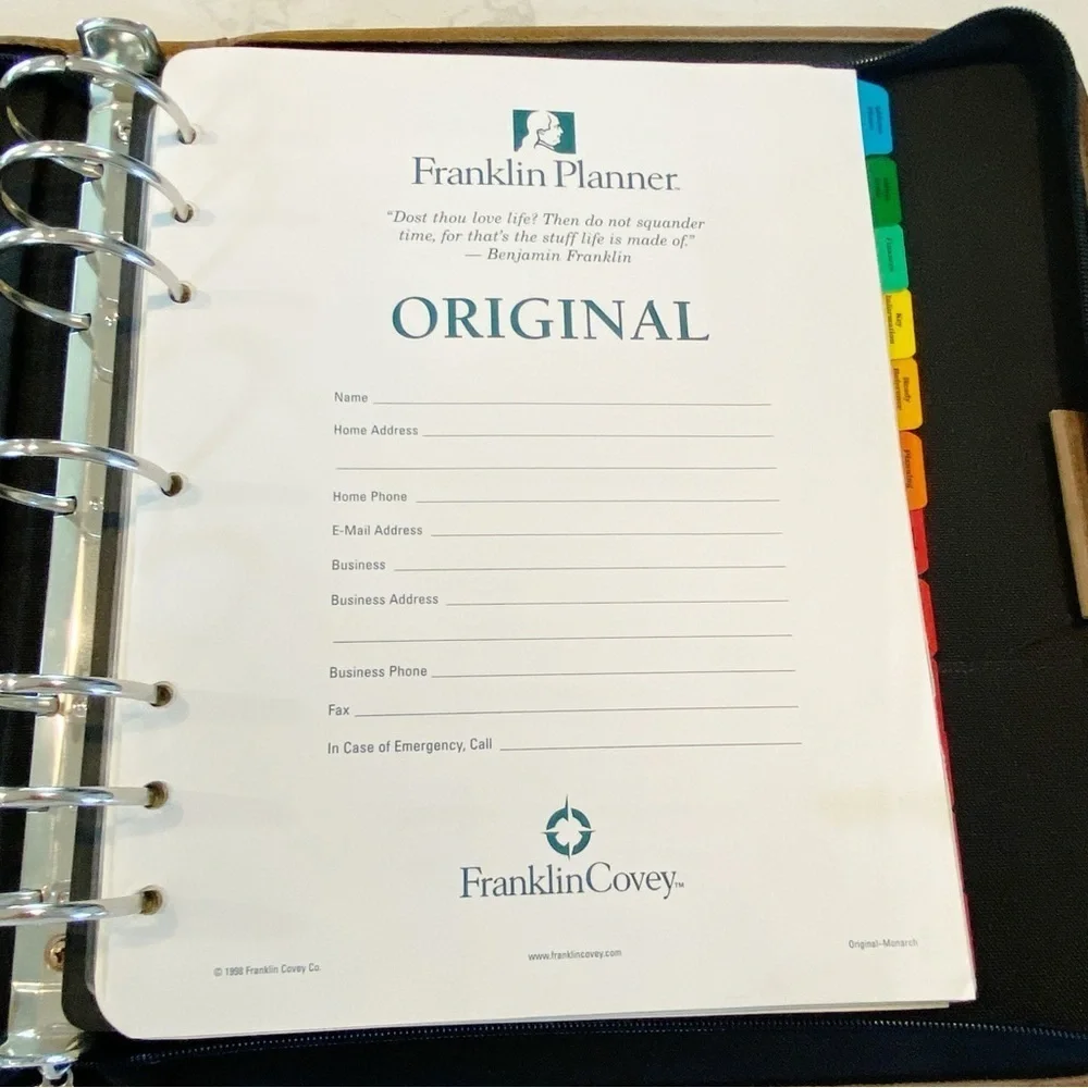 Franklin Quest Vintage Zip Planner Green Line Leather Trim & Canvas Zip Inserts